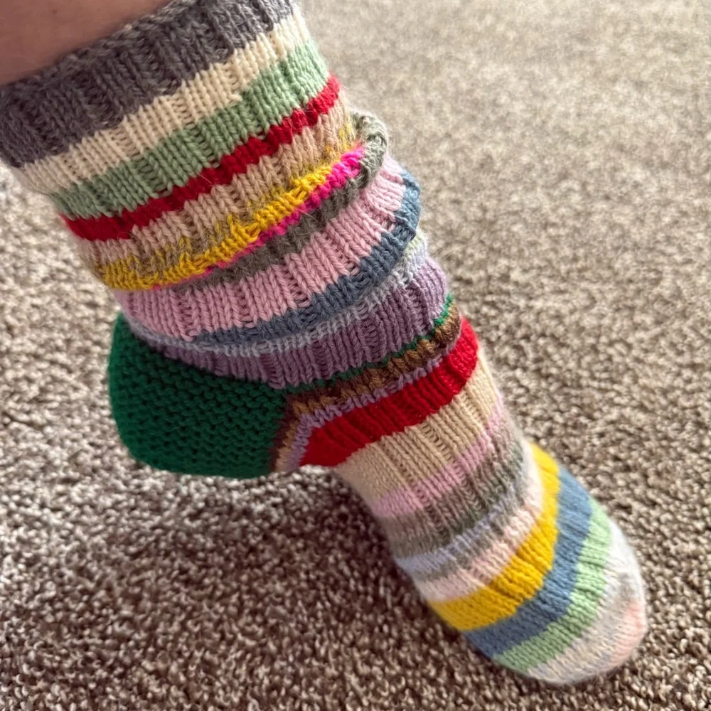 Women’s Scrappy Wool Socks Rainbow Striped Hand Knit - Picture 5 of 7
